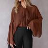 Blusa de Gasa Elegante de Estilo Europeo y Americano para Primavera, Delgada, con Mangas Murciélago, Diseño Elegante, Volantes para Atar y Mangas Largas para Mujer
