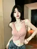 Nuevo Top Corto de Tirantes Ajustado con Escote en V y Detalle Metálico en Giro, Cuello Halter, Top Versátil