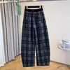 Tiro Real de Pantalones de Punto Casuales Retro de Pierna Ancha Sueltos de Hilo Teñido a Cuadros Nuevos para Mujer
