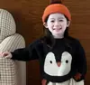 Estilo Coreano Meninas Outono/Inverno 2026 Novo Suéter de Tricô Preto Pinguim Fofo Calças Casuais de Veludo Cotelê Off-White Infantil