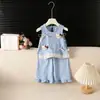Conjunto de Verano Nuevo para Niña de Dibujos Animados sin Mangas de Mezclilla, Conjunto de Dos Piezas para Bebé Niña con Chaleco de Hombros Anchos con Adorno de Encaje y Pantalones de Pierna Ancha