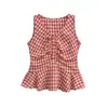 Top de Tirantes Cuadros Dulce y Elegante con Escote en V y Diseño Fruncido para Mujer, Ceñidor de Cintura, Adelgazante, Único y Versátil
