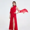 2026 Transfronterizo Sexy de un Hombro Patchwork Cuello Halter Cintura Alta con Abertura Vestido Elegante Fluyente Vestido con Abertura