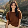 Suéter de malha de lã escovada com gola redonda, colete de lã, suéter de cashmere de manga curta bufante de caimento solto para outono e inverno, top estiloso e versátil
