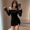 Vestido de Primavera y Otoño para Mujer con Cangrejo de Cinco Puntas de un Hombro, Corte Ajustado, Adornado con Pedrería, de Manga Larga, Asimétrico, Sexy, Bodycon, Vestido Corto