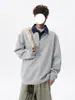 Moletom com Zíper Meio e Gola Lapela Masculino Retro Americano Color Block de Peso Pesado Falso Duas Peças Tendência Casual Solto