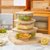 Contenedor de Almacenamiento de Alimentos de Vidrio de Borosilicato Alto Tapa de Madera de Bambú Lonchera Calentamiento en Microondas Caja Bento Sellada Bol para Almacenamiento de Frutas y Snacks