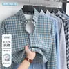 [100% Algodão] Nova coleção de outono: camisa xadrez, 100% algodão, acabamento escovado, resistente a rugas, de manga comprida, para uso business casual, atacado para homens