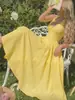 Vestido Amarillo de Cuello en V para Mujer, Ceñido a la Cintura, Silueta Acampanada, Adelgazante y que Alarga la Figura, con un Aspecto de Alta Gama y Elegante, Vestido Largo Ceñido a la Cintura
