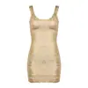 Elegante Vestido Bodycon Slim Fit Estilo Francês com Design de Bandagem Dourada Metalizada, Vestido Sexy com Decote U e Alças Finas, Vestido Feminino sem Costas