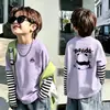 Camiseta de manga larga para niño, estilo falso dos piezas, 100% algodón, nueva temporada primavera y otoño 2026 para niños, camiseta básica de otoño para niños grandes