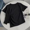 Camiseta de Manga Corta con Pliegues Asimétricos y Diseño de Nudo Retorcido, Fresca de Algodón con Copos de Nieve, Verano, Para Mujer con Sobrepeso, Aspecto Adelgazante, Top Camiseta Hombro Derecho