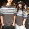 Camiseta de Manga Curta com Padrão Geométrico Retrô 2026 para Homens e Mulheres Estilo Old Money Suéter de Malha Solto Confortável Estilo Acadêmico ins