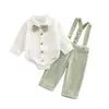 Conjunto de ropa de algodón y lino para niños, camisa de manga larga de caballero y pantalón con tirantes, conjunto casual de dos piezas