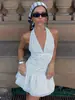 Vestido de Verão 2026 Estilo Europeu e Americano com Bolinhas Transfronteiriças, Decote Halter com Amarração, Cintura Franzida com Amarração, Curto com Costas Abertas