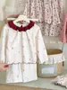 8008 Conjunto de Pijama Feminino 26 Outono Novo Estilo Classe A Roupa de Casa Xadrez Vermelho Renda Lã Stretch Estilo Coreano Conjunto de Duas Peças