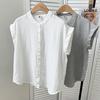Estilo Japonés Verano Nuevo Estilo Algodón y Lino Cuello Vertical Suelto Manga Remangada Manga Corta Tejido de Algodón de Doble Capa Sin Mangas Color Sólido Camisa para Mujer