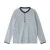 NEOISM Moda Retro Japonés Simple Cuello Redondo Rayas Camiseta Base Camisa Henley para Hombre T-shirt W26612
