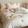 Juego de Cuatro Piezas de Satén de Algodón de Fibra Larga de Alto Hilo, Lujo Ligero, Ropa de Cama de Algodón Puro de Alta Calidad, Tres Fundas de Edredón, Sábana Ajustable 4