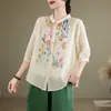 Camisa original artística de algodón y lino estampada para mujer, fina, holgada, talla grande para verano, favorecedora, manga tres cuartos