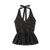 Nuevo Top de Tirantes Negro con Lunares Estilo Verano Coreano Francés para Mujer, Top Ajustado de Cuello Halter con Escote en V