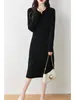 Nuevo Vestido de Punto de Lana Pura de Manga Larga con Cuello Redondo para Mujer, Vestido Base de Suéter de Cachemira de Longitud Media que Ceñe la Cintura para Otoño e Invierno