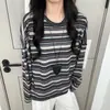 K2366 Camiseta Básica Listrada Vintage com Gola Redonda para Mulheres, Camiseta Solta e Emagrecedora para Primavera e Outono, Blusa Casual de Tricô de Manga Longa