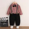 Roupas Infantis Meninos Roupas de Outono Conjunto Casual Bebê Roupas de Primavera e Outono Xadrez Suspensórios Manga Longa Conjunto de Duas Peças Fabricante Atacado