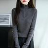 2025 Nuevo Otoño e Invierno Lana Peinada Cuello Alto Medio Cierre Tejido de Punto Manga Larga para Mujer Look Adelgazante Color Puro Top
