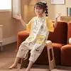 Pijama de una pieza de verano fino para niñas, manga corta, algodón puro, estilo de dibujos animados, corte holgado, ropa de casa para bebés y niños que se puede usar en el exterior