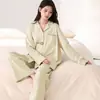 Pijama de primavera y otoño para mujer, algodón elástico, casual, se puede usar afuera, cárdigan con cuello de solapa, ropa de casa de manga larga, traje fino de otoño