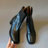 Couro Genuíno ~ Botas Curtas com Solado Silencioso Salto Alto para o Trabalho Elásticas Finas Botas Outono e Inverno Sistema de Solado Macio Botas de Salto Grosso Retrô