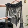 Principios de otoño, increíblemente hermoso, dobladillo con volantes, tie-dye, camiseta de manga larga de un solo hombro para mujer, mangas acampanadas elegantes, top básico