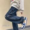 Jeans Negros para Hombre Otoño Sueltos a la Moda High Street Peso Pesado Pierna Ancha Moda de Marca Cremallera Lateral Rectos Overol