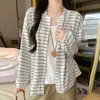 Chaqueta cárdigan K2719 estilo retro perezoso con bloques de color a rayas y mangas de farol para mujer, top casual holgado de manga larga para otoño e invierno