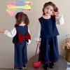 Conjunto de Roupas de Outono para Meninas 2025 Novo Estilo Colete Jeans para Menininha Conjunto de Três Peças Primavera e Outono Roupas para Bebê Menina Crianças