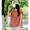 Top de algodón y lino estilo chino para mujer, versión fina de verano, cuello mao, diseño abotonado, camisa retro, nuevo estilo chino, corte holgado, blusa bordada de algodón y lino
