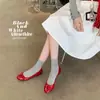 Bailarinas redondas estilo francés con lazo para mujer, piel de cordero roja charol, corte bajo, tacón medio, tacón grueso, zapatos Mary Jane