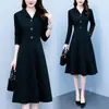 Vestido de Manga Larga para Primavera y Otoño, Negro, con Botones, Cuello de Solapa, Cuello de Traje, para Mujer, Estilo de Alta Gama, Talla Grande, Ceñido a la Cintura, Falda de Corte A, Longitud Media