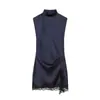 Comércio Exterior Transfronteiriço Atacado Moda Feminina Outono e Inverno 2025 Patchwork de Renda Estilo Europeu e Americano Vestido Mini de Cetim de Seda