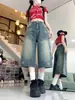 Calça Jeans Cropped Versátil Estampada de Estrela Estilo Americano Picante Transfronteiriça Verão Solta Emagrecedora Preguiçosa Perna Larga Comprimento Médio