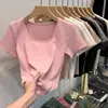 Una generación de algodón de hilo de verano chica regordeta talla grande 200 kg cuello cuadrado manga corta camiseta mujer costura slim capa base