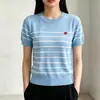 Top de punto a rayas de hilo de núcleo para mujer, nuevo estilo de verano, fino, bordado, único, hermoso, súper elegante, lindo top pequeño para mujer