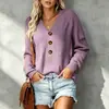 Suéter de tricô com botões e gola V estilo europeu e americano, suéter casual de cor sólida com mangas compridas soltas para mulheres, novo top casual de outono e inverno