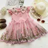 Vestido de Malla para Niña Verano Fresa Cuello de Ganchillo Mariposa Tridimensional Mangas Volantes Parche Bordado Floral Vestido de Princesa
