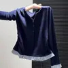 Camiseta de manga larga para mujer con diseño de cuadros azul real de falso dos piezas, nuevo estilo primavera y otoño, corte holgado, adelgazante, top de bloques de color
