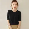 Novo Suéter de Caxemira de Manga Curta para Outono Inicial Feminino Gola Redonda Vazado Pulôver Cardigan Slim Fit Malha Canelada Camada Base