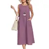 Comércio Exterior Transfronteiriço Europeu e Americano Amazon Site Independente Vestido Casual Casual Feminino Cor Sólida Gola Redonda Sem Mangas Bolso