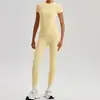 Camiseta Deportiva de Color Sólido de Alta Elasticidad, Manga Corta, Pantalones de Yoga de Cintura Alta, Conjunto de Fitness para Mujer, Transpirable, Suave con la Piel, Sensación de Segunda Piel, Transfronterizo