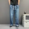 Jeans da Marca Americana Tendência Masculino 2026 Novo Estilo Lavado High Street Cintura Elástica Cordão Casual Perna Reta Perna Larga Calças Longas
